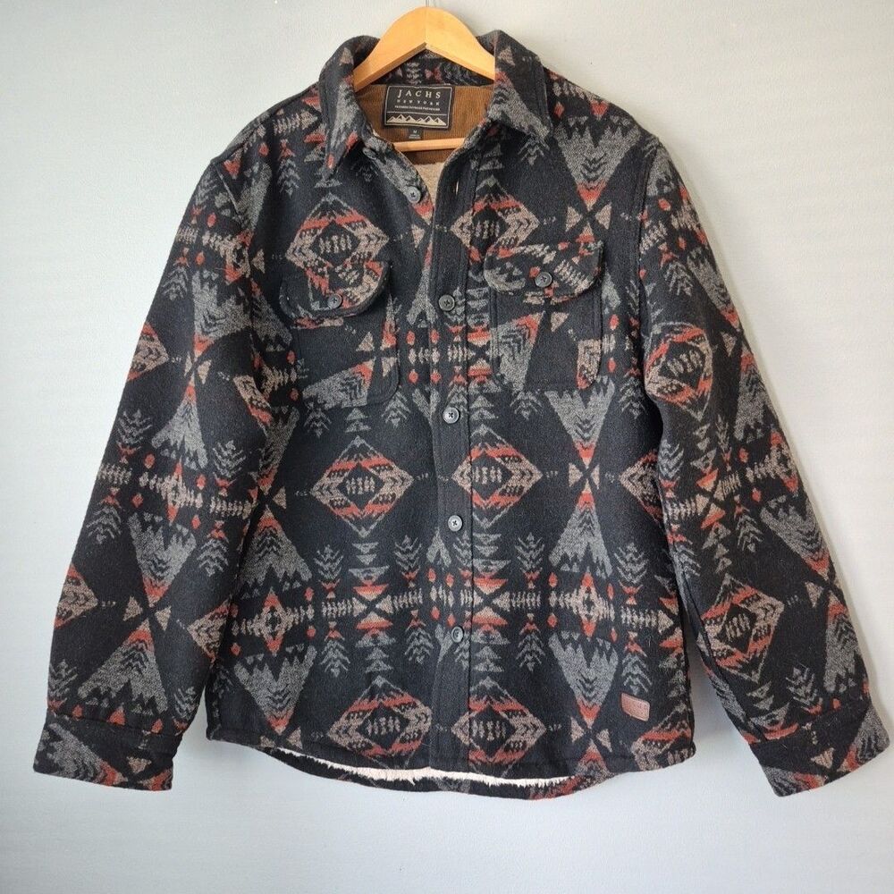 Jachs New York Black Aztec Wool Button Up Sherpa Lined Shacket Jacket Mens MED